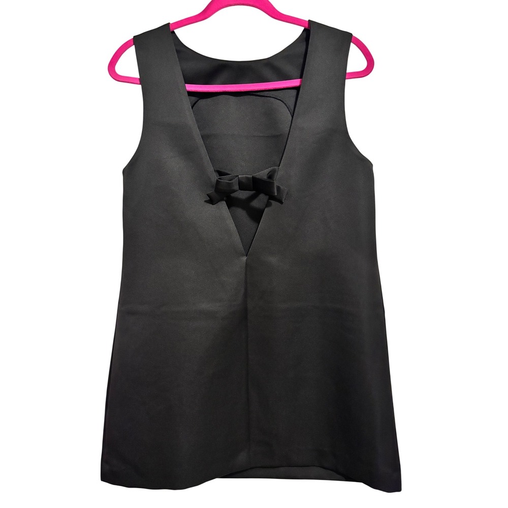 H&M Divided Shift Dress Women Medium Black Bow Back Open V Mini Sleeveless Chic